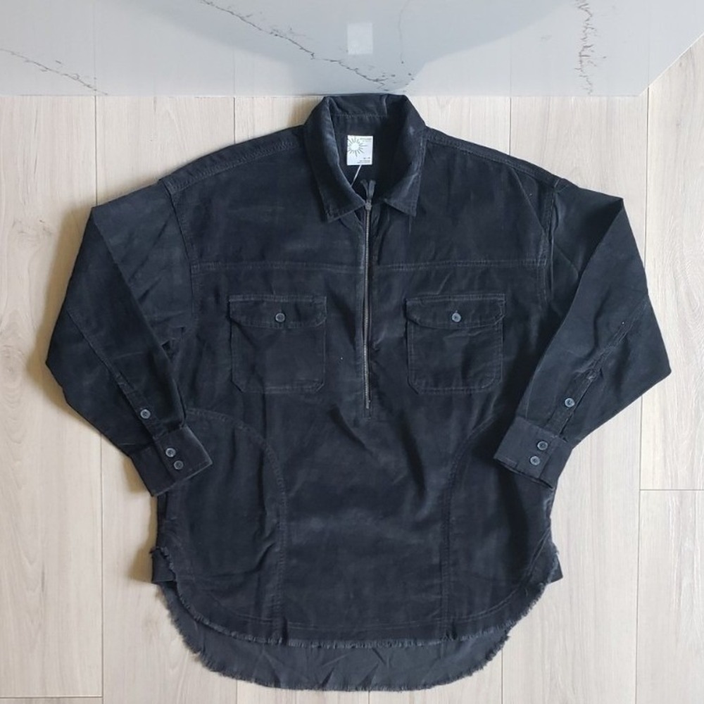 OFFLINE Aerie Corduroy Quarter Zip Pullover Women XS Black Frayed Hem Pullover